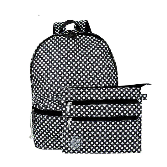 Black and white polka dot backpack and pouch set on a white background